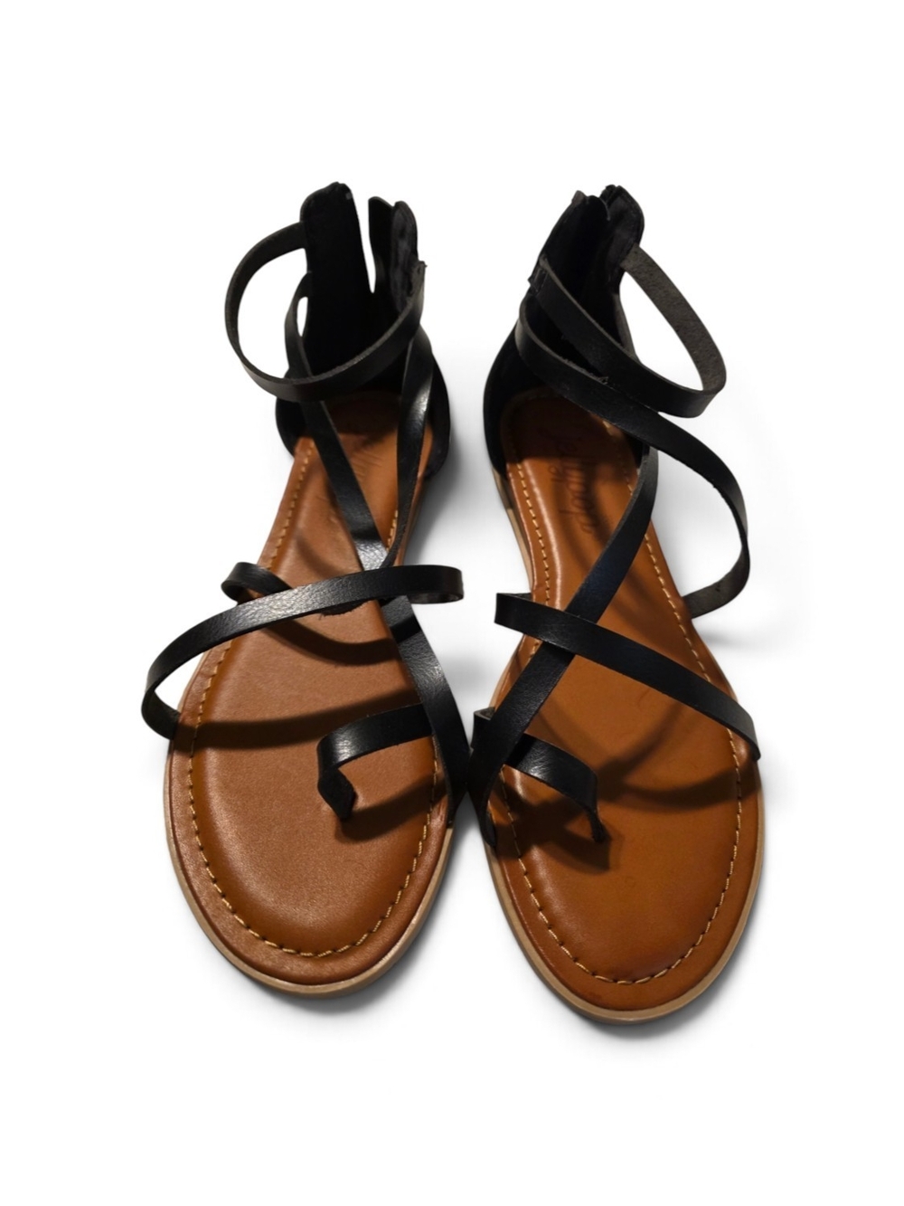 Jellypop Black Strappy Ankle Wrap Sandals with Brown Footbed